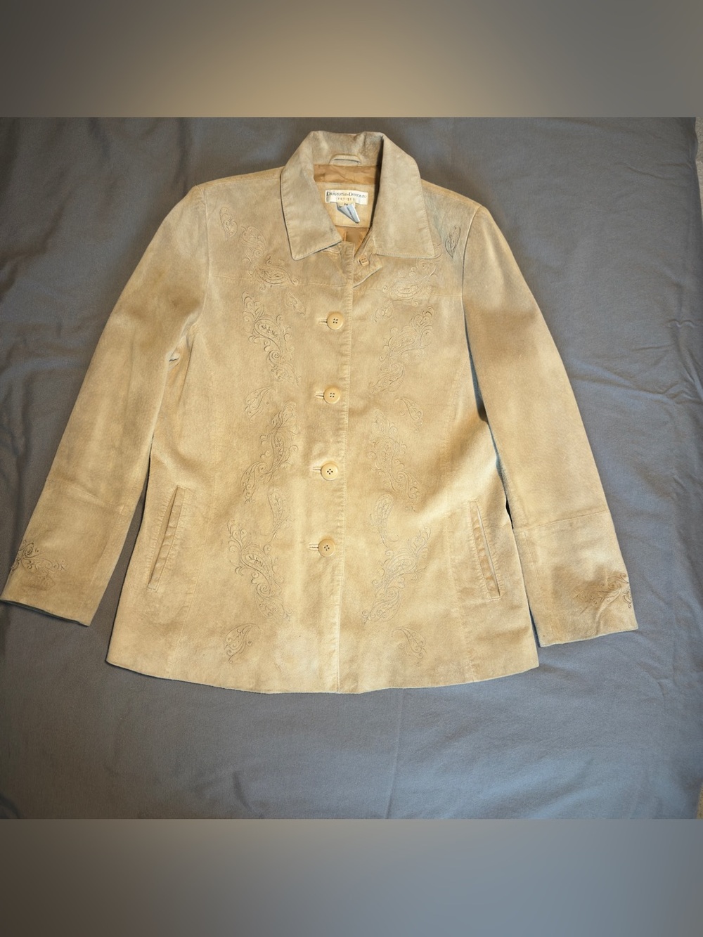 Suede Embroidered Button-Front Jacket - Beige